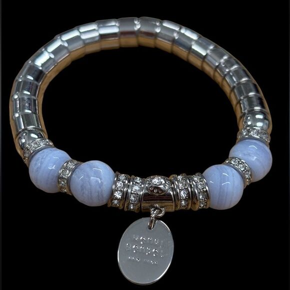 Henri Bendel New York Moonstone and Silver Tone Beaded Bracelet Rhinestones - Picture 1 of 5